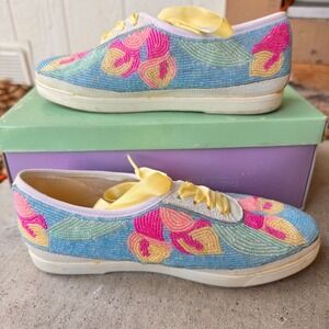 VTG Beadz 80s Colorful Designer Sneakers Women's Size 6 Beaded Floral Lace Up